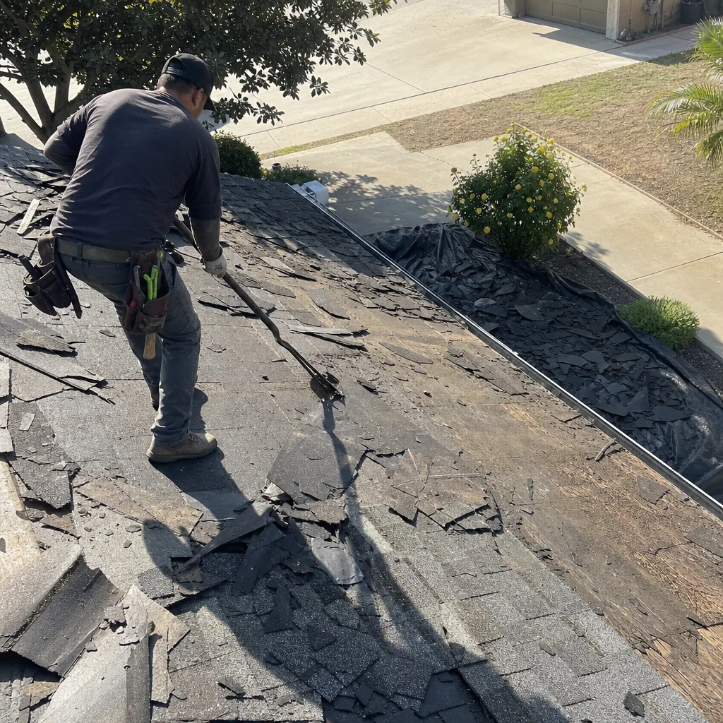Professional roofer stripping old shingles from a residential roof