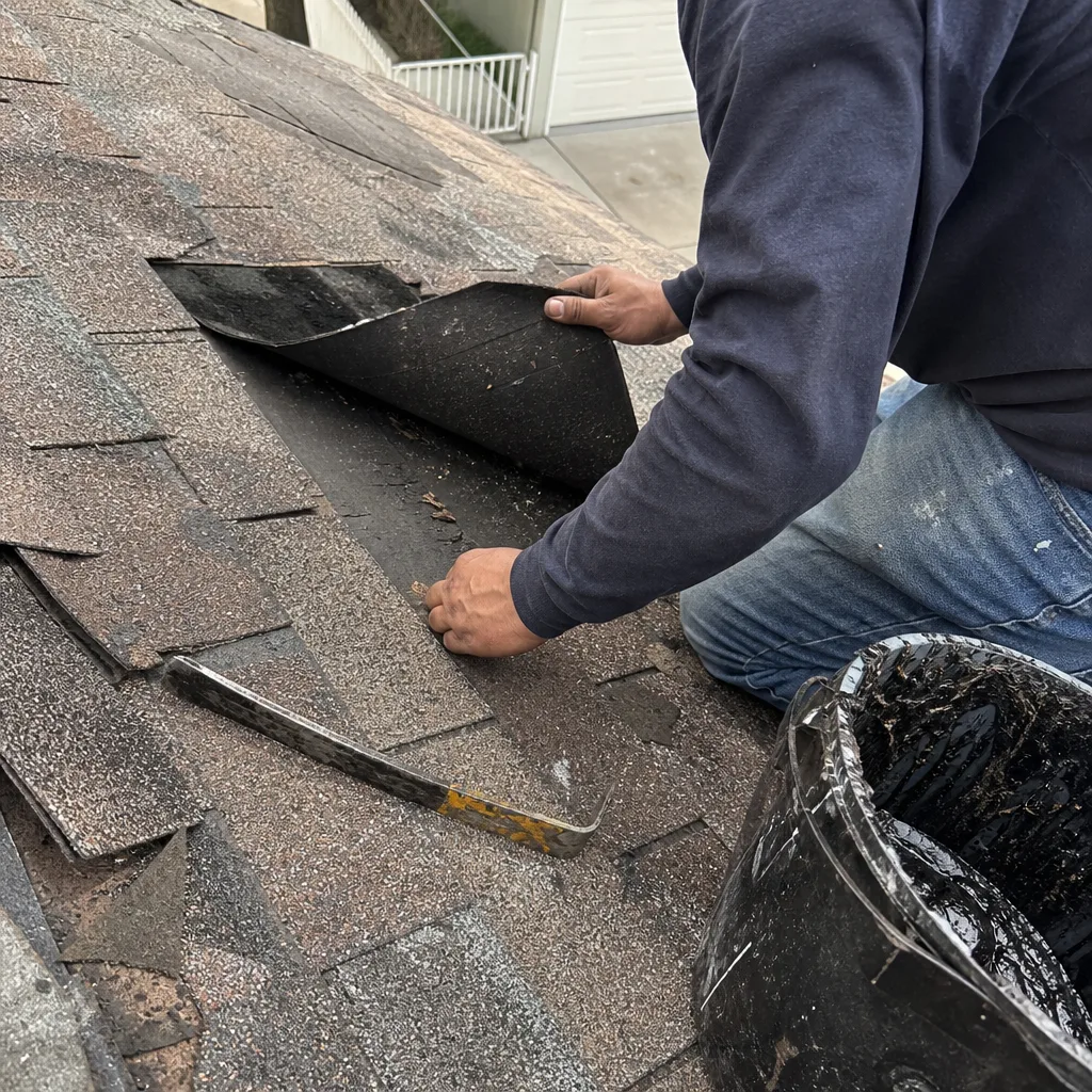 Professional roofer performing shingle repair on a residential roof