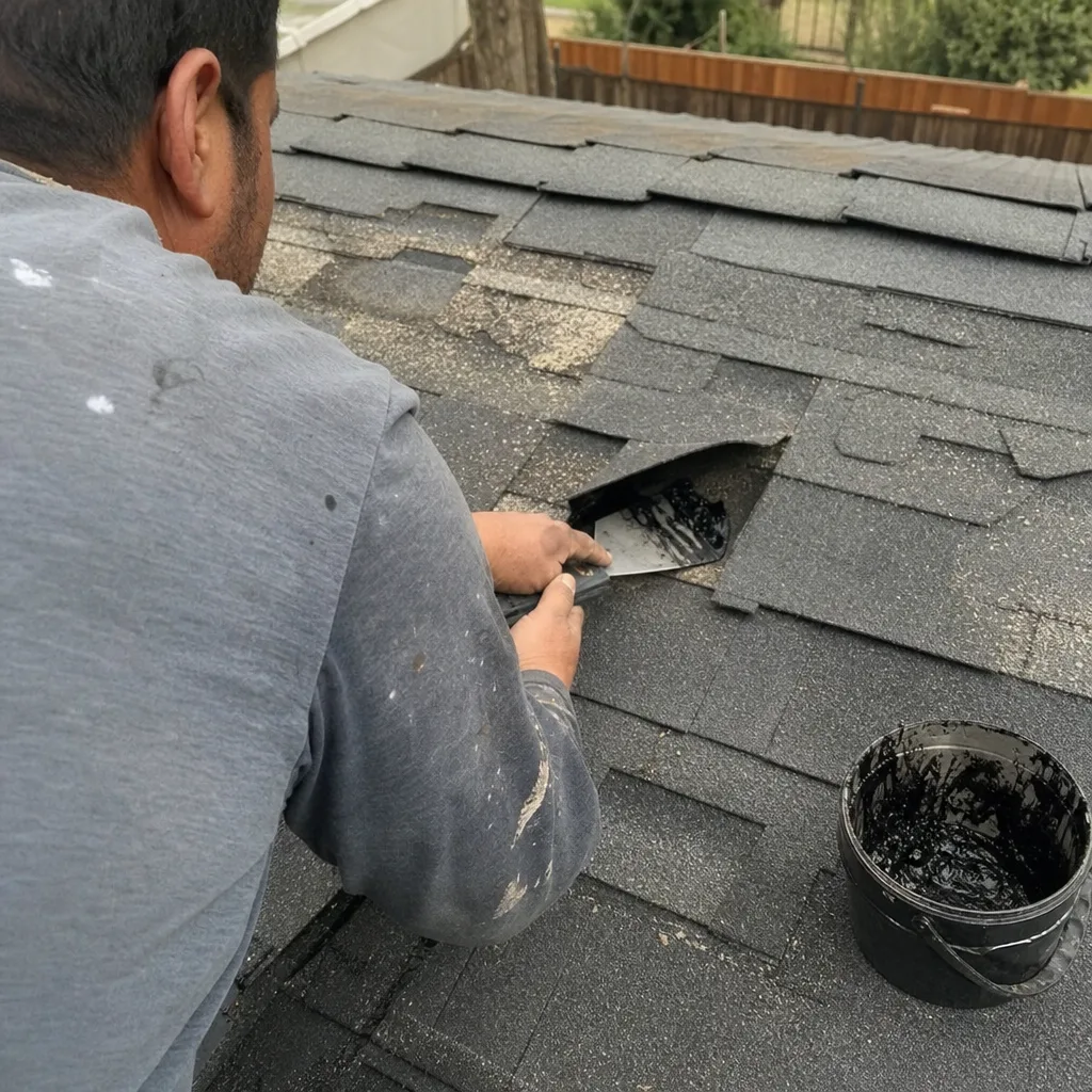 Professional contractor applying roof sealant to repair damaged shingles
