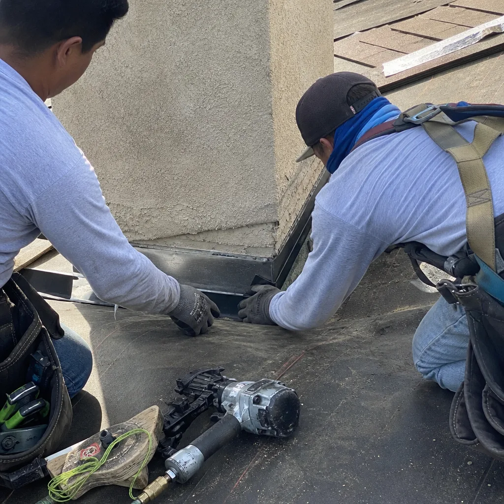 Roofers installing metal chimney flashing on a residential home roof