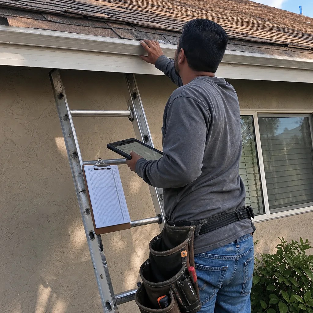 Roofing professional performing a residential roof inspection on a ladder