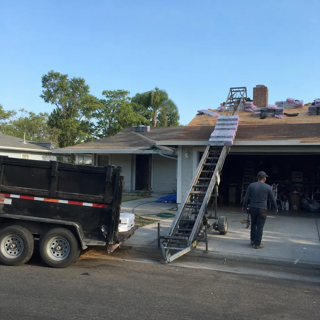 Contractor using a shingle conveyor belt for roof installation services